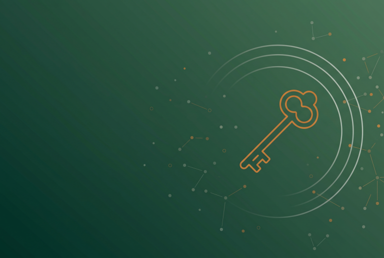 Orange outline key icon on dark green, marking the August 2026 search and social recap