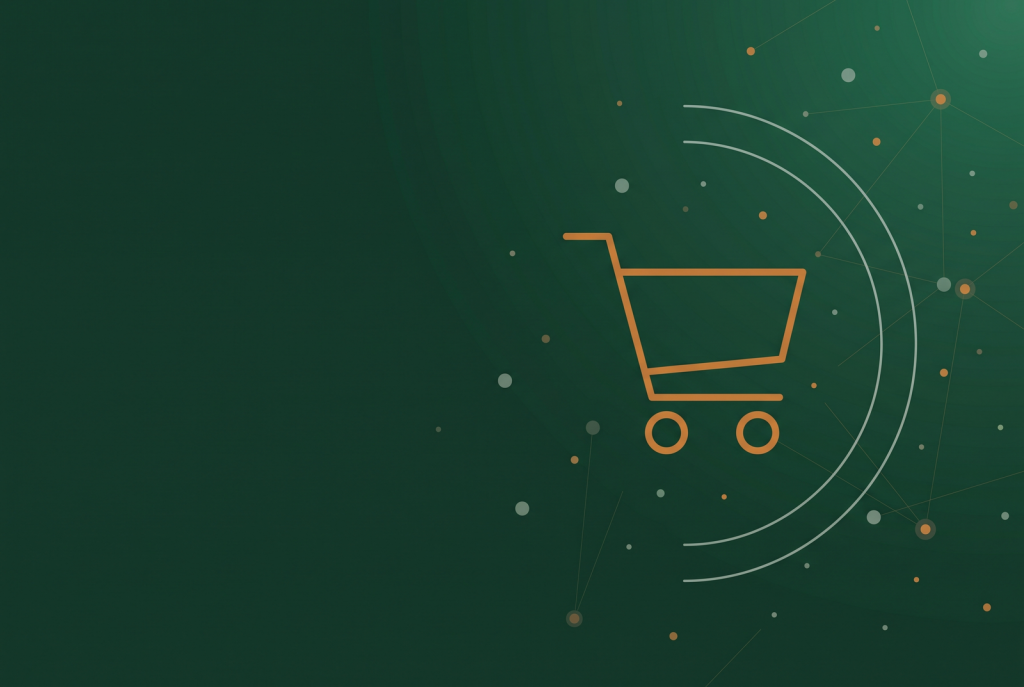 Outline shopping trolley icon on dark green, illustrating Google Shopping ads impressions and clicks