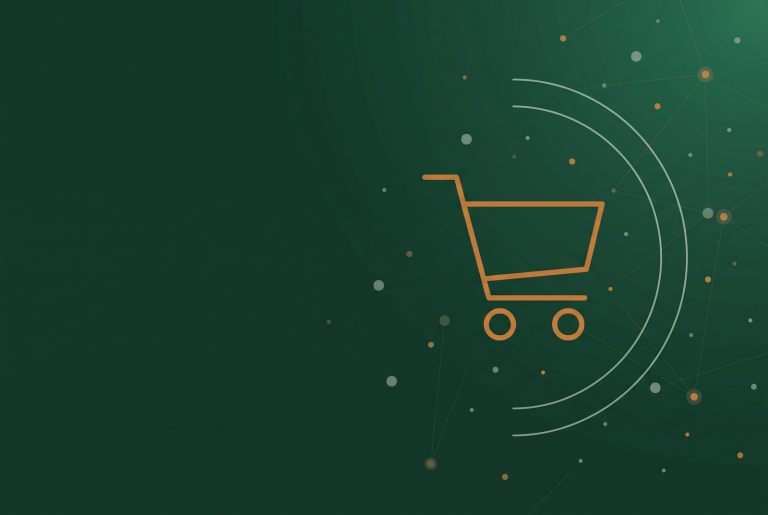 Outline shopping trolley icon on dark green, illustrating Google Shopping ads impressions and clicks
