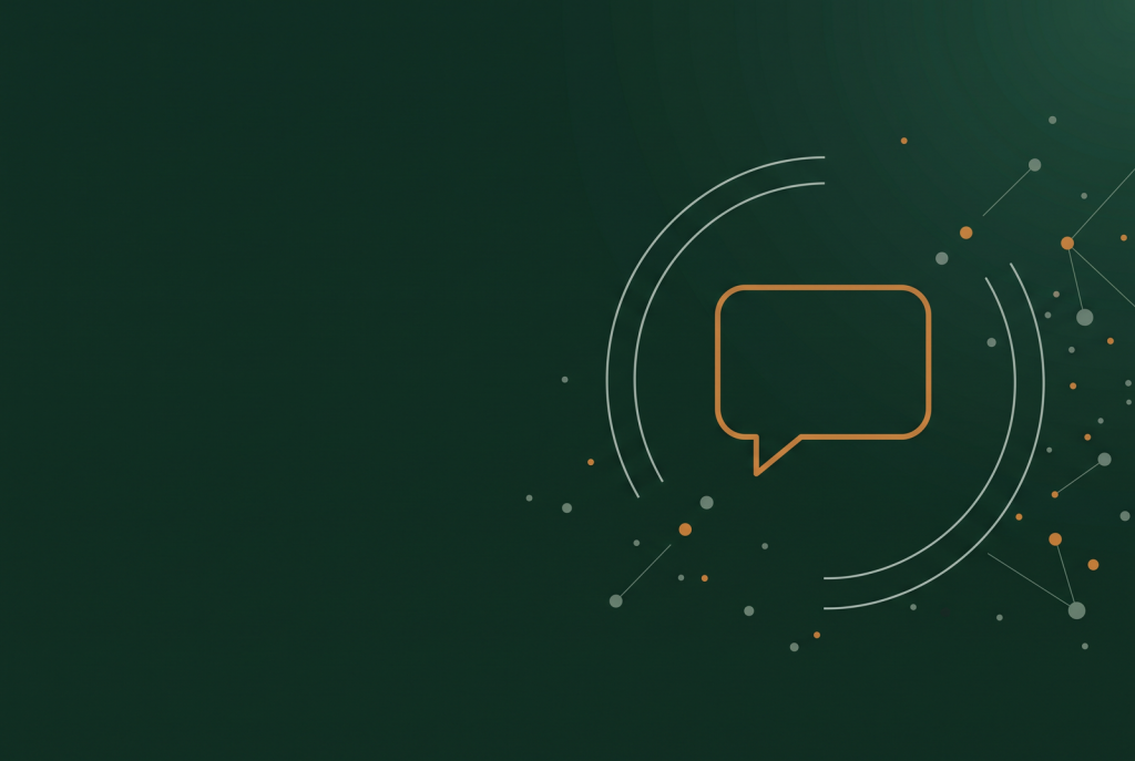 Orange speech bubble icon on deep green marking AI chatbots and buying decisions