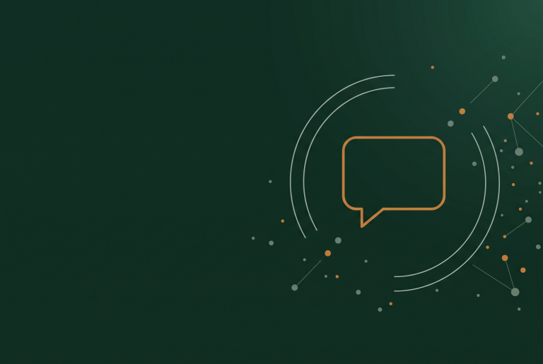 Orange speech bubble icon on deep green marking AI chatbots and buying decisions