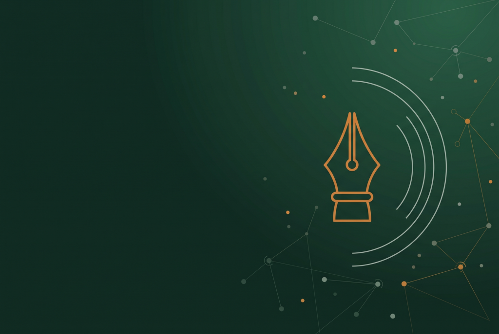 Thin line fountain pen nib icon on deep green, marking content marketing results in 2026