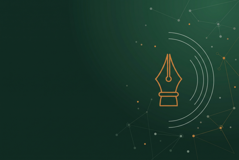 Thin line fountain pen nib icon on deep green, marking content marketing results in 2026