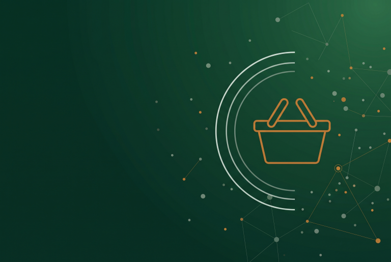 Orange outline shopping basket icon on dark green, for South African online retail news