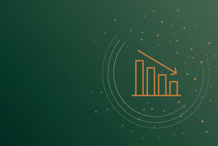 Thin line bar chart icon with a falling arrow on deep green, marking rising Meta ad spend and falling returns