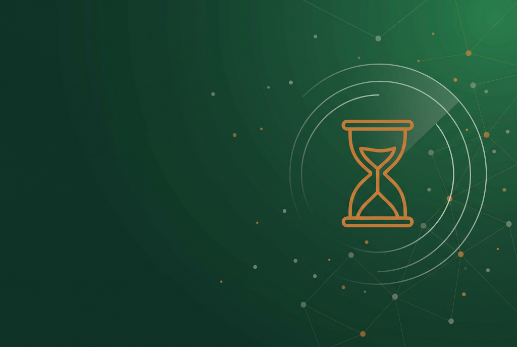Thin line hourglass icon in burnt orange on deep green with radar arcs and scattered network dots