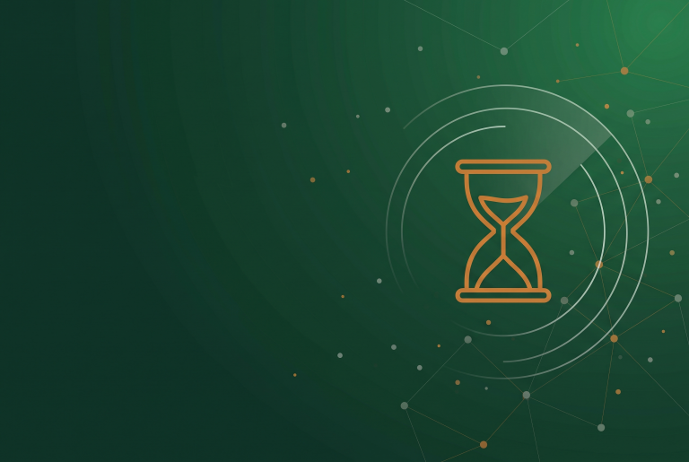 Thin line hourglass icon in burnt orange on deep green with radar arcs and scattered network dots