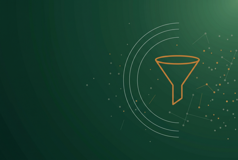 Thin line funnel icon in burnt orange on deep green with radar arcs and scattered network dots