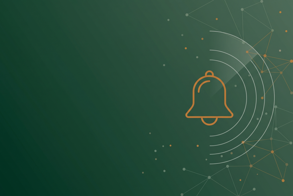 Thin line alert bell icon in burnt orange on deep green with radar arcs and scattered network dots