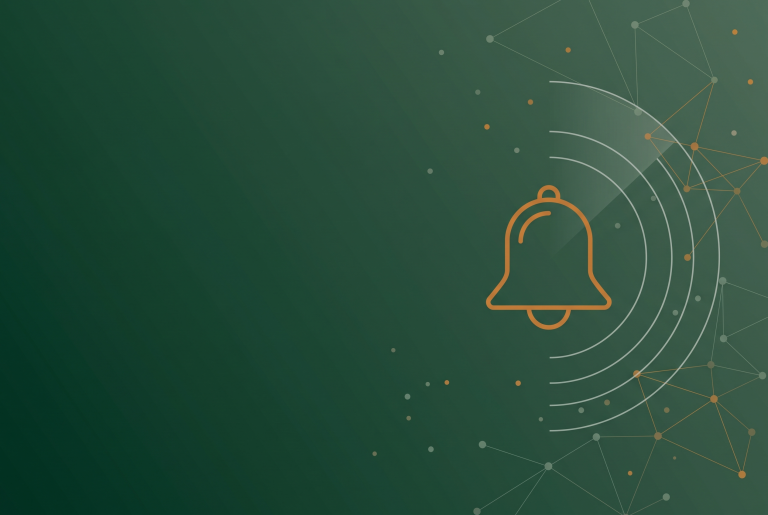 Thin line alert bell icon in burnt orange on deep green with radar arcs and scattered network dots