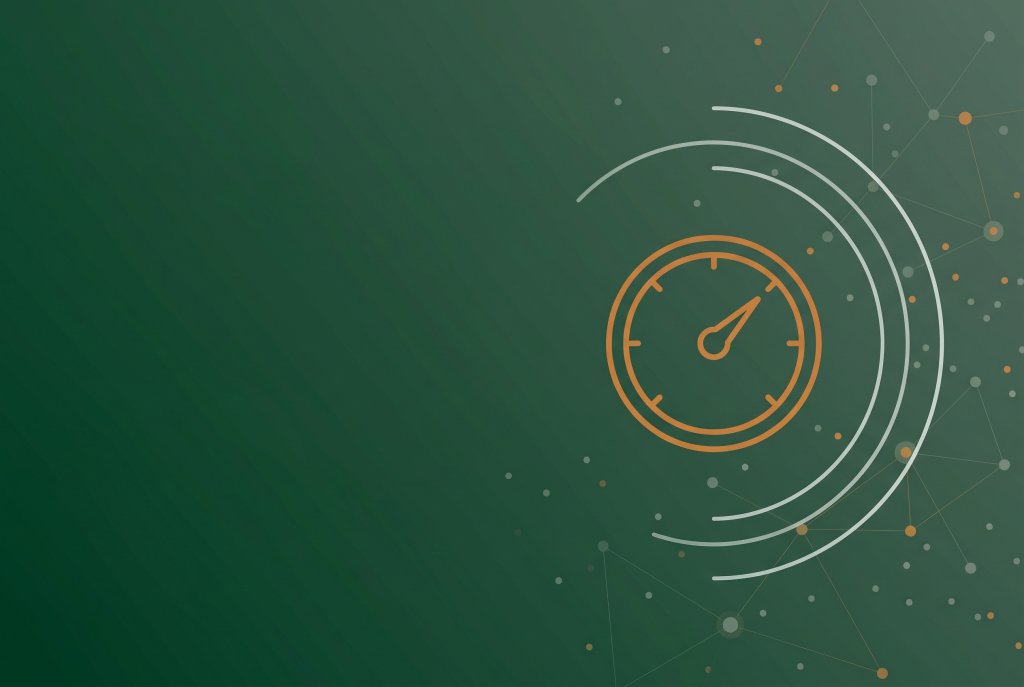 Thin line gauge dial icon in burnt orange on deep green with radar arcs and scattered network dots