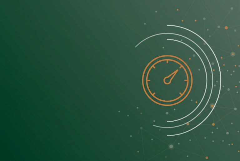 Thin line gauge dial icon in burnt orange on deep green with radar arcs and scattered network dots