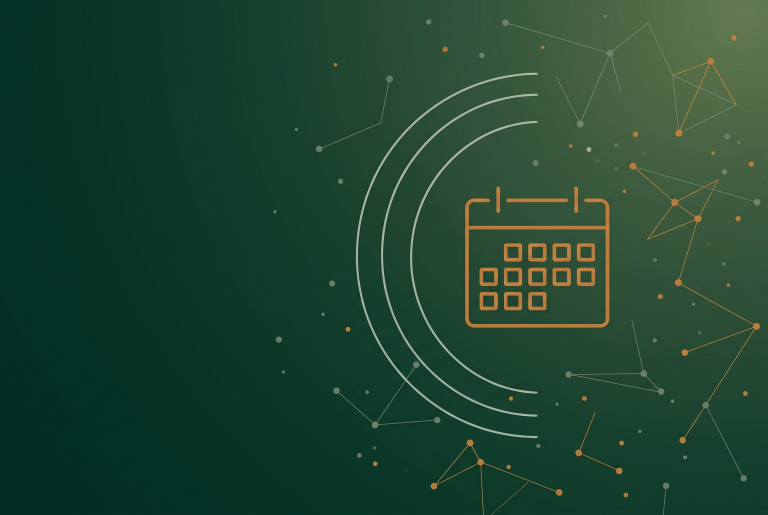 Thin line calendar icon in burnt orange on a deep forest green background with faint network dots