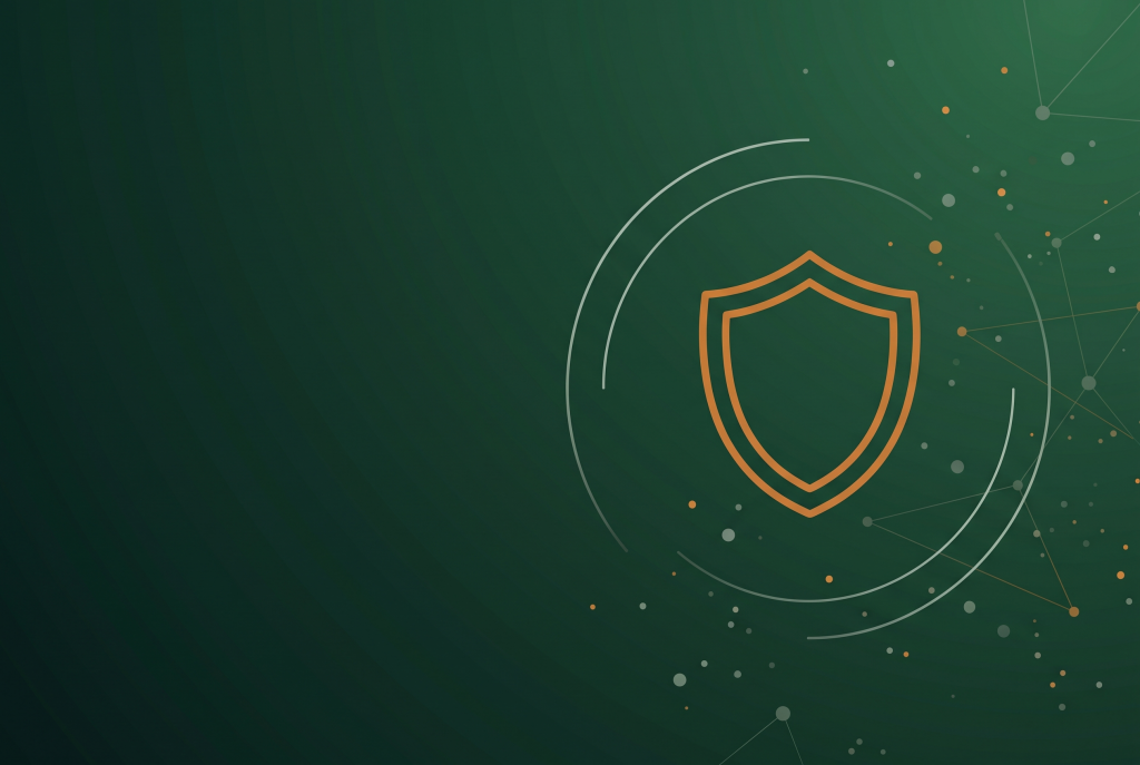 Thin line shield icon in burnt orange on deep green with radar arcs and scattered network dots
