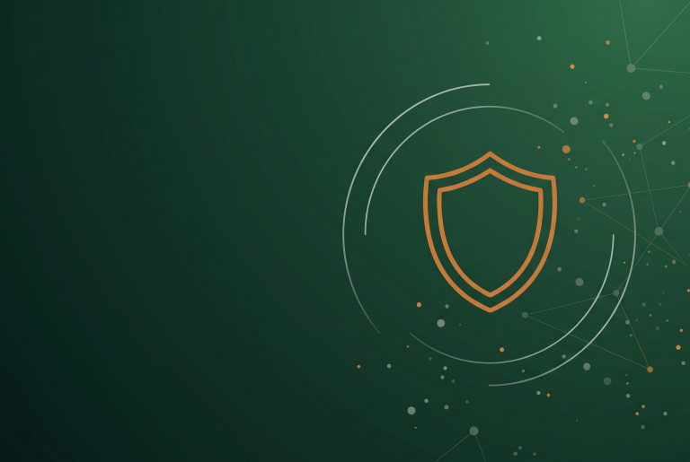 Thin line shield icon in burnt orange on deep green with radar arcs and scattered network dots