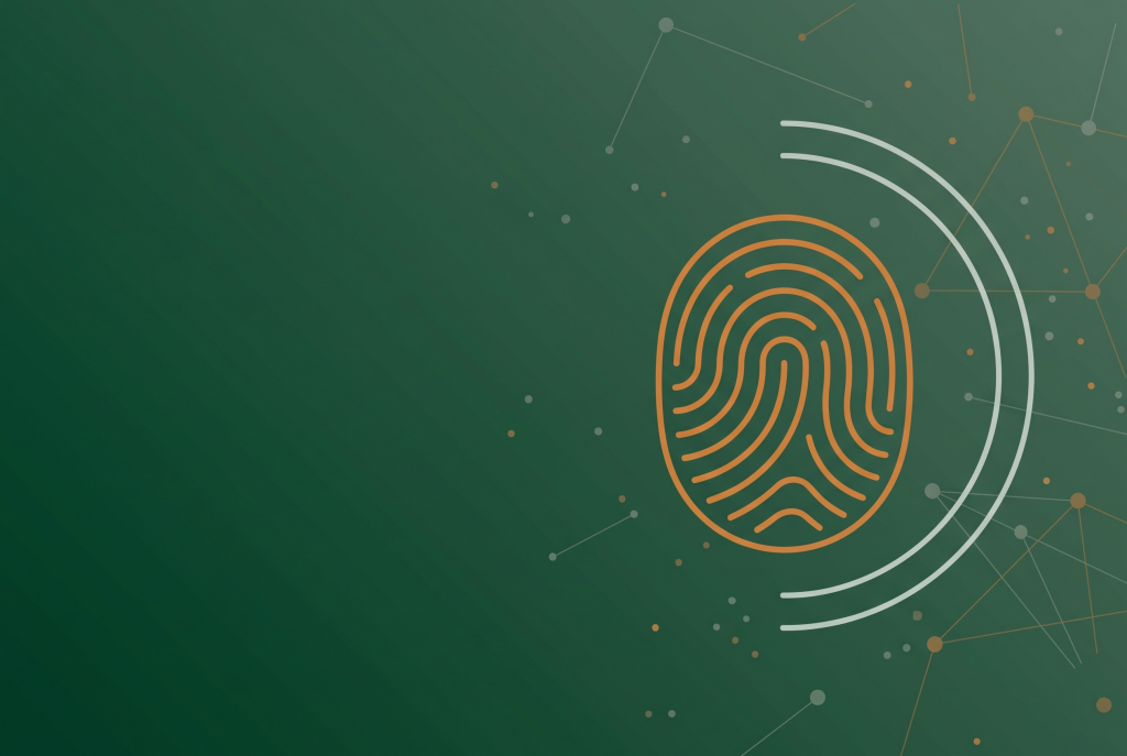 Thin line fingerprint icon in burnt orange on a deep forest green background with faint radar arcs