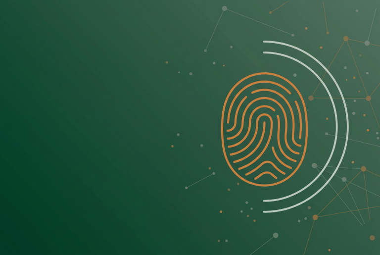 Thin line fingerprint icon in burnt orange on a deep forest green background with faint radar arcs