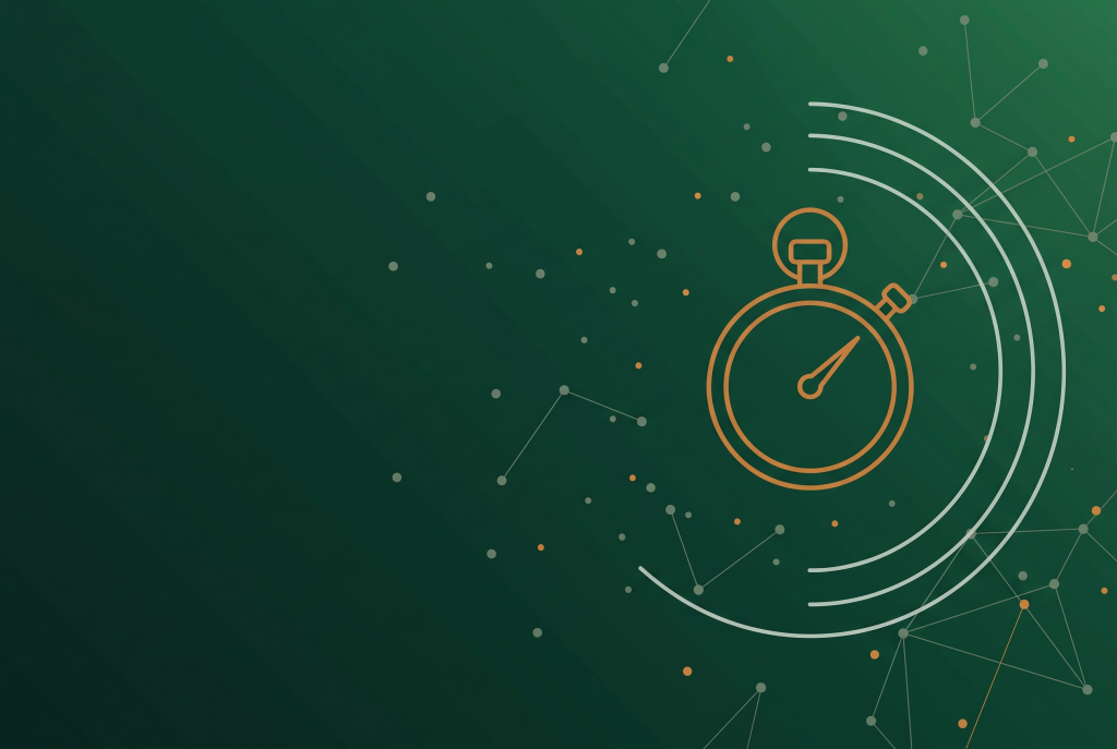 Thin line stopwatch icon in burnt orange on a deep forest green background with faint radar arcs