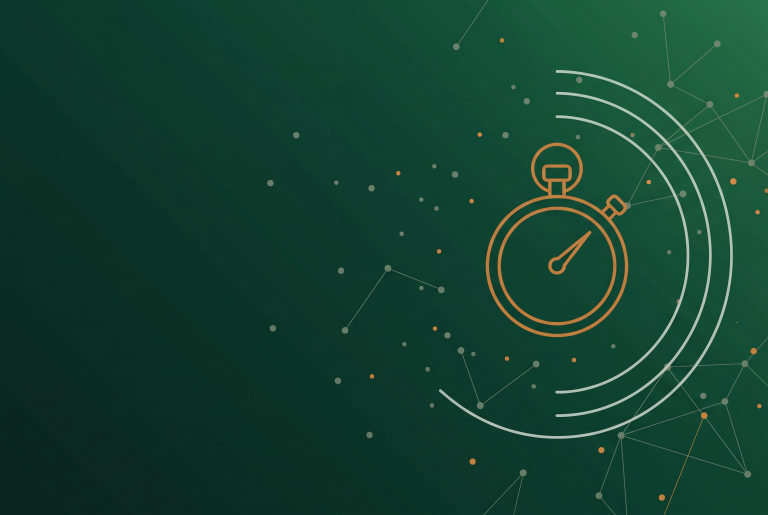 Thin line stopwatch icon in burnt orange on a deep forest green background with faint radar arcs