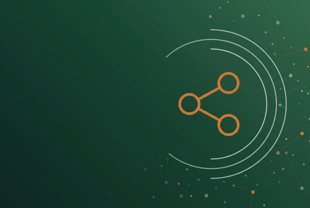 Burnt orange outline share network icon on a dark green gradient, for social profiles cited in AI search answers