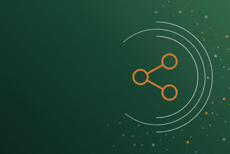 Burnt orange outline share network icon on a dark green gradient, for social profiles cited in AI search answers