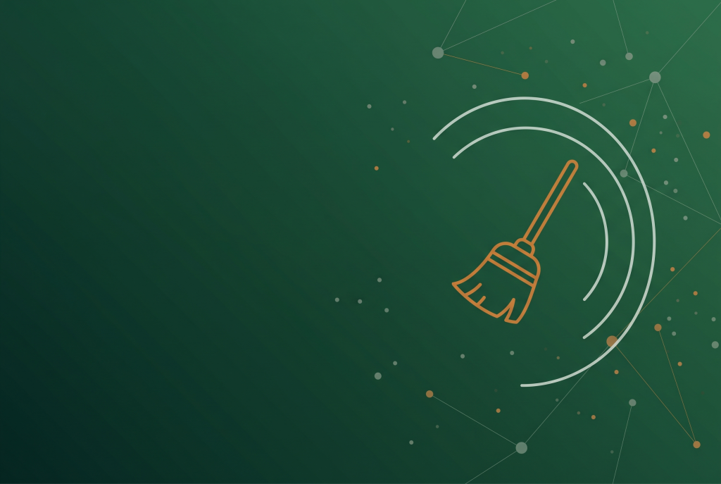 Outline icon of a broom beside radar arcs on dark green, marking Google's September spam update rollout