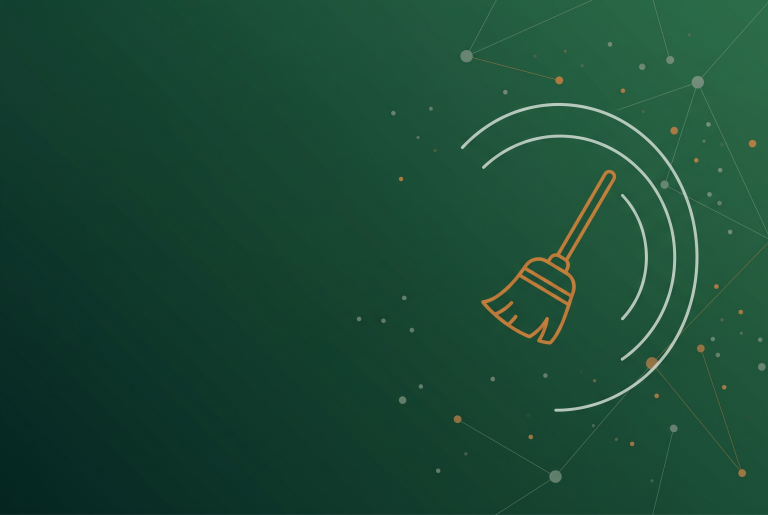 Outline icon of a broom beside radar arcs on dark green, marking Google's September spam update rollout