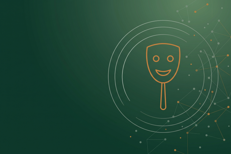 Outline icon of a theatre mask beside radar arcs on dark green, marking fake sources in AI answers