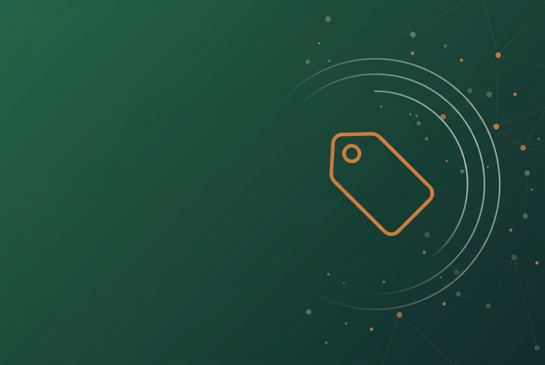 Burnt orange outline price tag icon on a deep green background with radar arcs and dot nodes