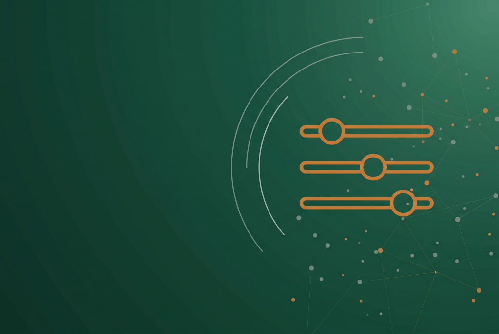 Burnt orange outline slider panel icon on a deep green background with radar arcs and dot nodes