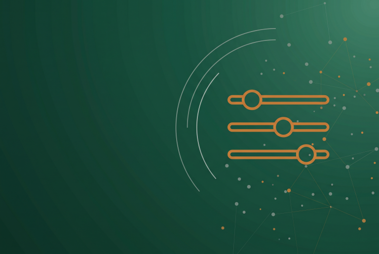 Burnt orange outline slider panel icon on a deep green background with radar arcs and dot nodes