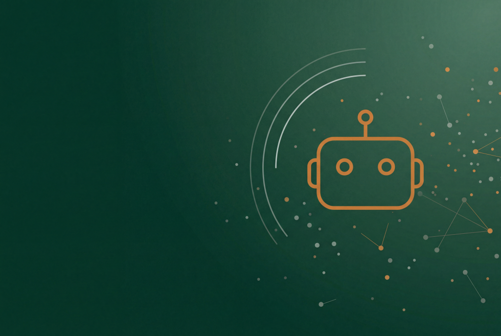Burnt orange robot head outline on dark green, marking the SEO budget cuts brief