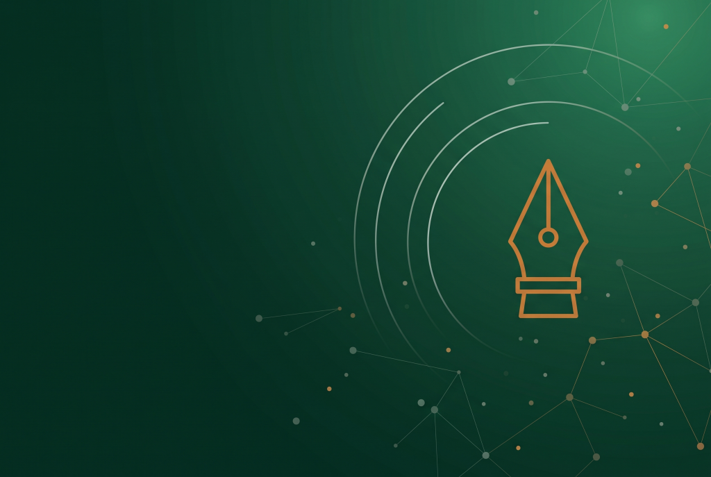 Outline pen nib icon on dark green, illustrating ChatGPT Ads automatic rewrites in the daily search and social brief