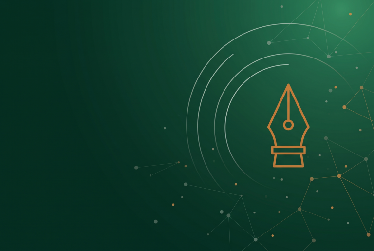 Outline pen nib icon on dark green, illustrating ChatGPT Ads automatic rewrites in the daily search and social brief